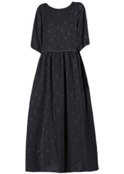 Simple Purple O-Neck Patchwork Wrinkled Jacquard Silk Maxi Dress Short Sleeve