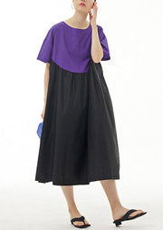 Simple Purple O Neck Wrinkled Patchwork Cotton Dresses Summer