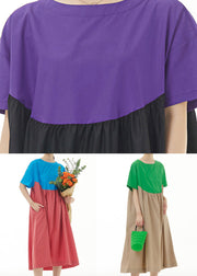 Simple Purple O Neck Wrinkled Patchwork Cotton Dresses Summer