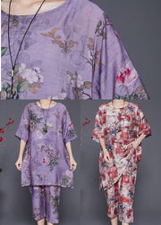 Simple Purple Oversized Print Linen Silk Two Pieces Set Summer