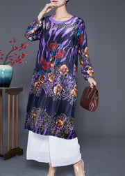 Simple Purple Oversized Print Silk Velour Holiday Dress Spring