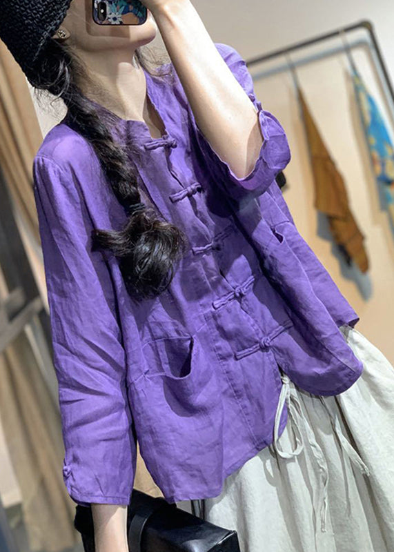 Simple Purple Pockets Button Tops Fall