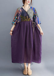 Simple Purple Print Tunic Pattern V Neck Tie Waist Loose Spring Dress - SooLinen