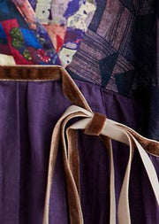 Simple Purple Print Tunic Pattern V Neck Tie Waist Loose Spring Dress - SooLinen