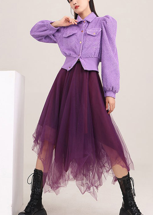 Simple Purple Puff Sleeve Button Coat Spring