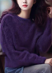 Simple Purple Solid Cozy Cotton Knit Top Long Sleeve