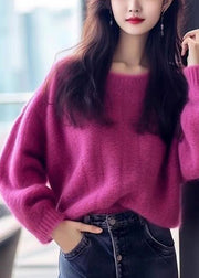 Simple Purple Solid O Neck Cozy Cotton Knit Sweaters Long Sleeve