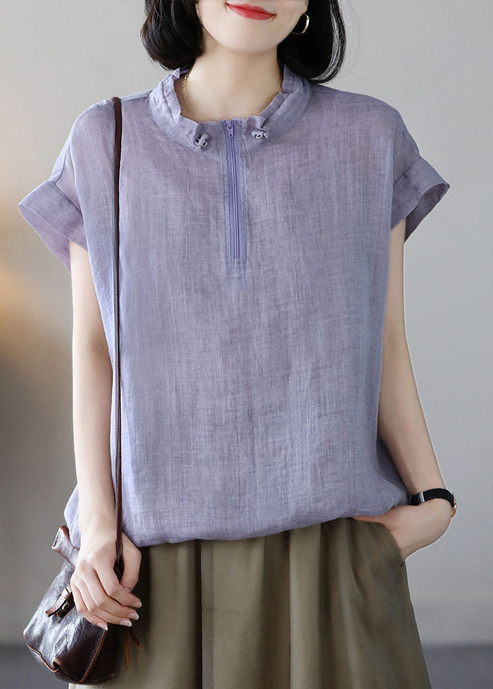 Simple Purple Stand Collar Zip Up Cotton Loose Sweatshirts Top Short Sleeve
