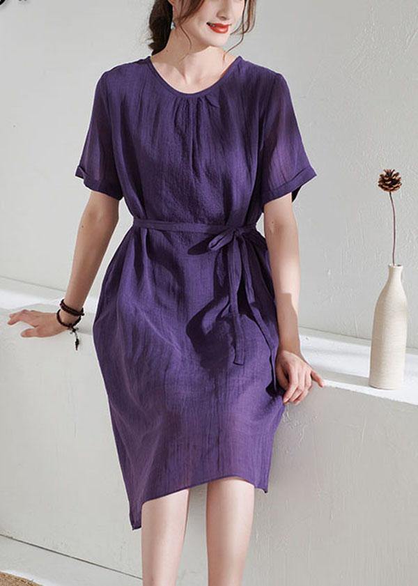 Simple Purple Tie Waist Embroideried Summer Ramie Vacation Dress - SooLinen
