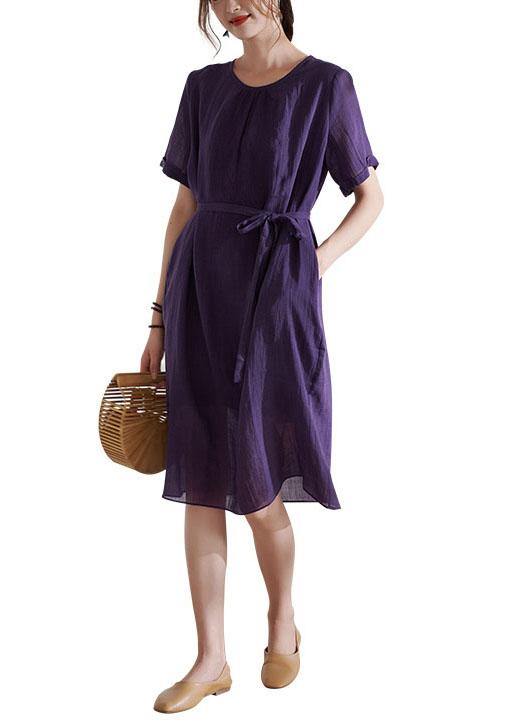 Simple Purple Tie Waist Embroideried Summer Ramie Vacation Dress - SooLinen