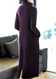 Simple Purple Turtleneck Pockets Cashmere Long Dresses Long Sleeve