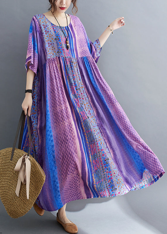 Simple Purple Wrinkled Patchwork Pockets Print Cotton Long Dress Half Sleeve