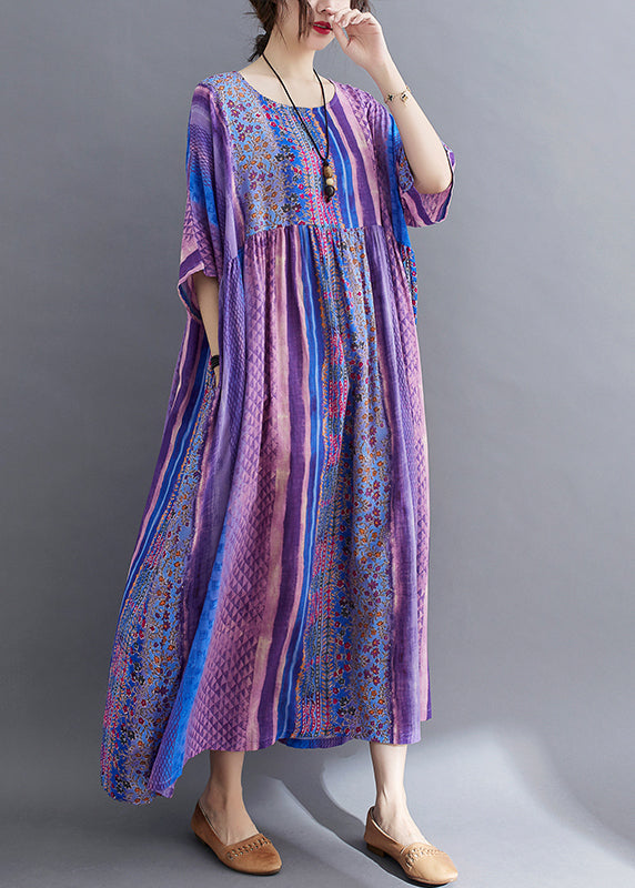 Einfaches lila geknittertes Patchwork-Taschen-Druck-Baumwolllanges Kleid-halbe Hülse