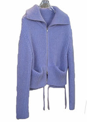 Simple Purple Zip Up Pockets Patchwork Knit Coats Fall