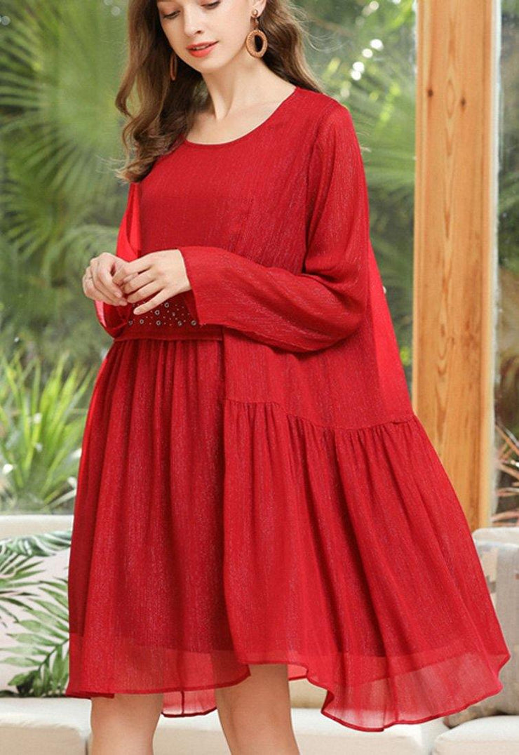 Simple Red Asymmetrical Design Chiffon Summer Dress - SooLinen