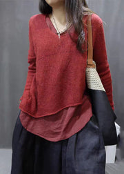 Simple Red Asymmetrical Patchwork Cotton Knit Tops Long Sleeve
