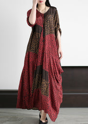 Simple Red Asymmetrical Print Silk Long Dress Short Sleeve