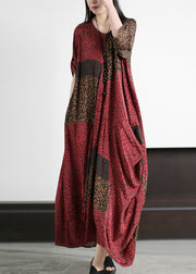 Simple Red Asymmetrical Print Silk Long Dress Short Sleeve
