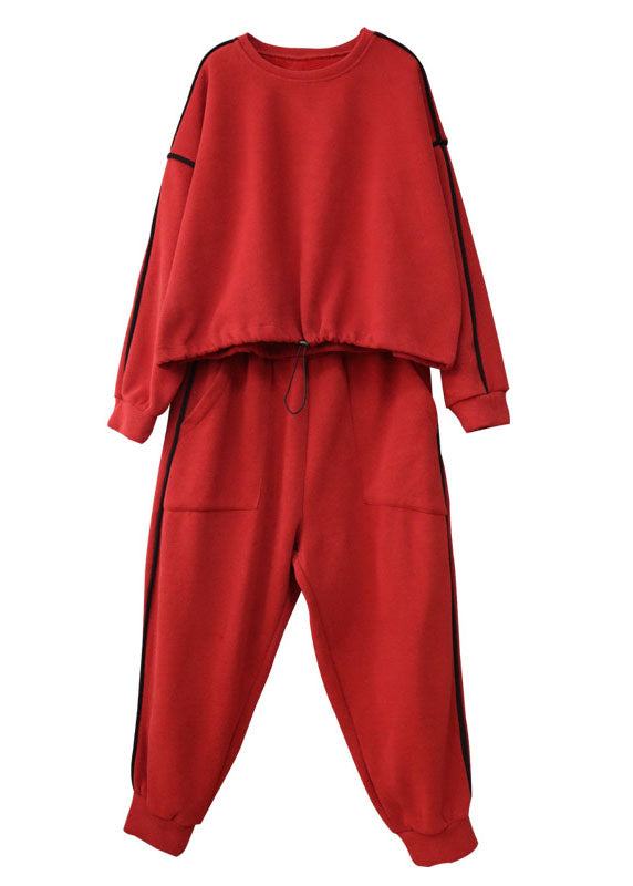 Simple Red Cinched Fine Cotton Filled Two Piece Set Winter