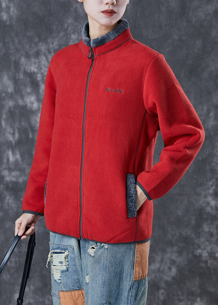 Simple Red Embroidered Warm Fleece Coat Winter
