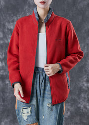 Simple Red Embroidered Warm Fleece Coat Winter