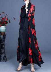 Simple Red Floral Summer Silk Long Loose Jacket - SooLinen
