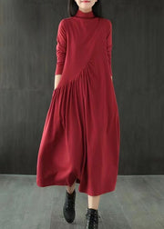 Simple Red Hign Neck Wrinkled Patchwork Cotton Long Dresses Fall
