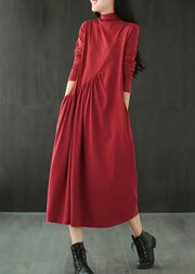 Simple Red Hign Neck Wrinkled Patchwork Cotton Long Dresses Fall