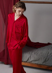 Simple Red Peter Pan Collar Button Solid Ice Silk Couple Pajamas Two Pieces Set Long Sleeve