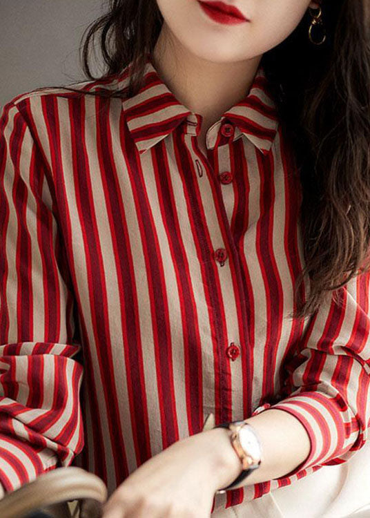 Simple Red Peter Pan Collar Striped Patchwork Chiffon Shirt Long Sleeve