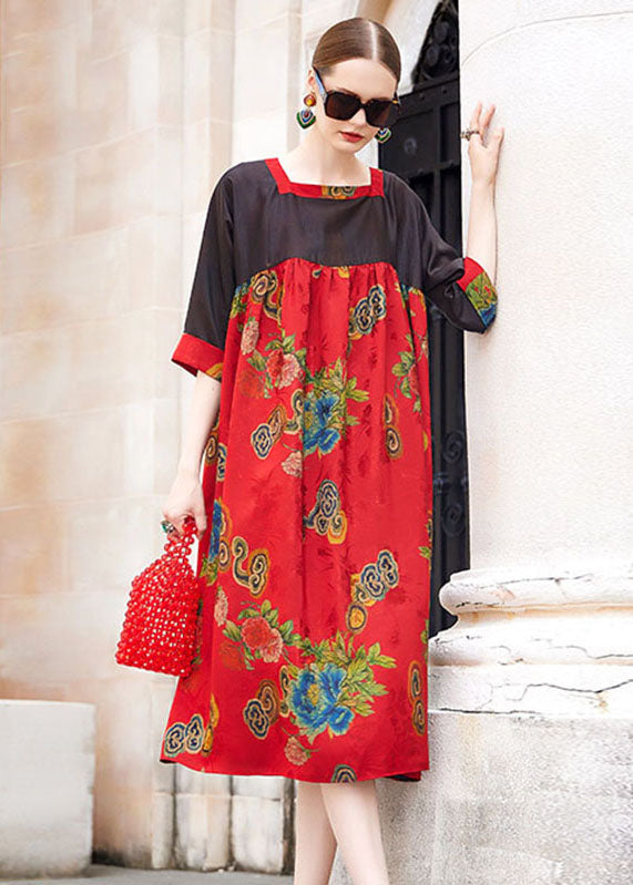 Simple Red Square Collar Print Patchwork Long Dress Short Sleeve