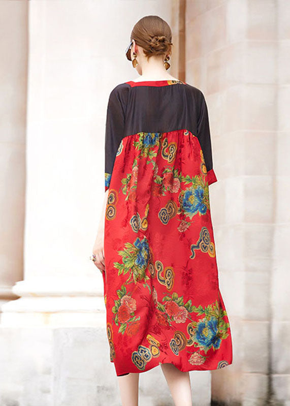 Simple Red Square Collar Print Patchwork Long Dress Short Sleeve