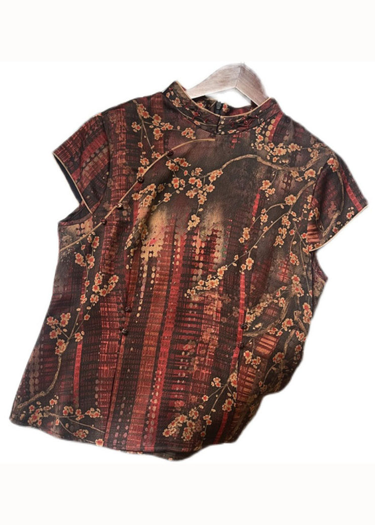 Simple Red Stand Collar Print Button Patchwork Silk Tops Summer