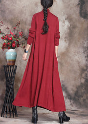 Simple Red Turtleneck Patchwork Knit Cotton Maxi Dress Long Sleeve