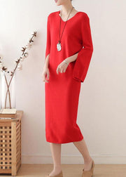 Simple Red V Neck Elegant Slim Fit Knitwear Dress - SooLinen