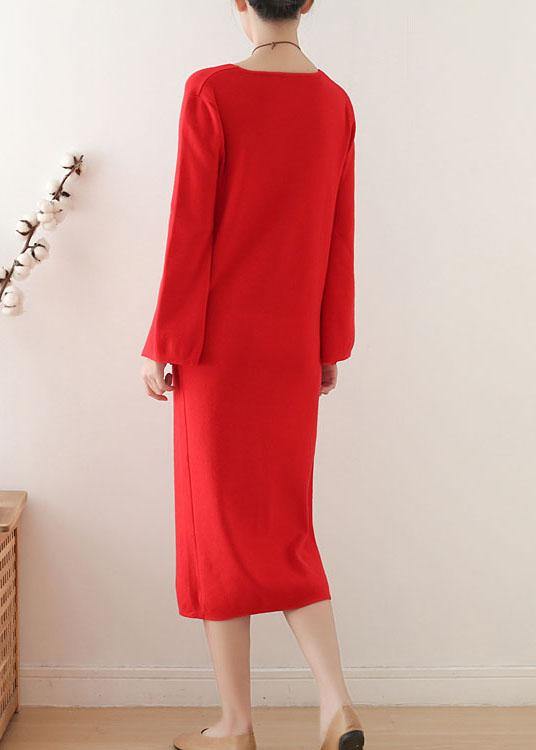 Simple Red V Neck Elegant Slim Fit Knitwear Dress - SooLinen