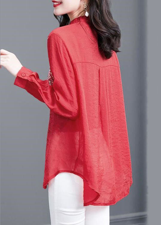 Simple Red V Neck Print Zircon Patchwork Chiffon Shirt Top Long Sleeve