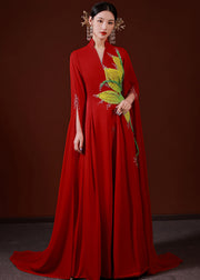 Simple Red V Neck Zircon Lace Up Silk Maxi Dress Long Sleeve