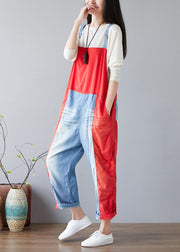Einfache rote Taschen Patchwork-Jeans Overall Frühling