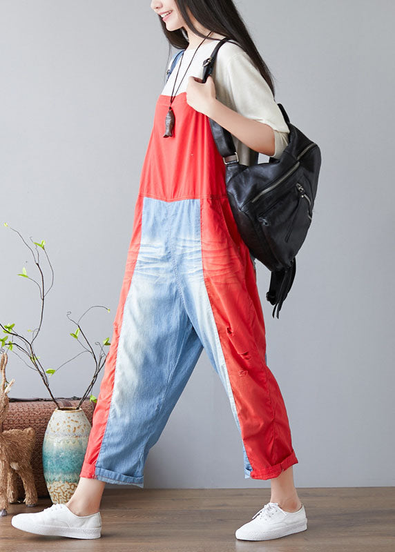 Einfache rote Taschen Patchwork-Jeans Overall Frühling