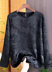 Simple Retro Black O Neck Jacquard Silk Shirt Top Fall