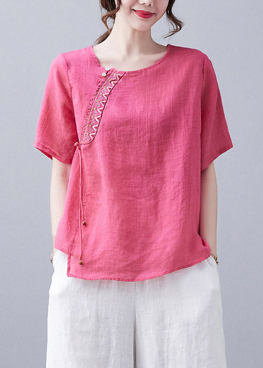 Simple Rose O-Neck Asymmetrical Design Embroidered Top Short Sleeve