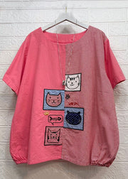 Simple Rose O Neck Embroidered Patchwork Cotton T Shirts Summer