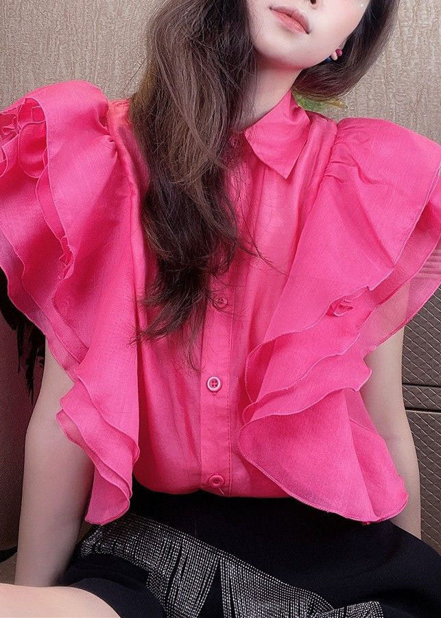 Simple Rose Peter Pan Collar Ruffled Patchwork Silk Shirt Top Summer