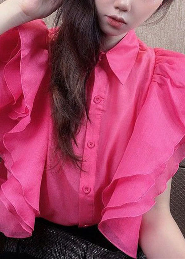 Simple Rose Peter Pan Collar Ruffled Patchwork Silk Shirt Top Summer