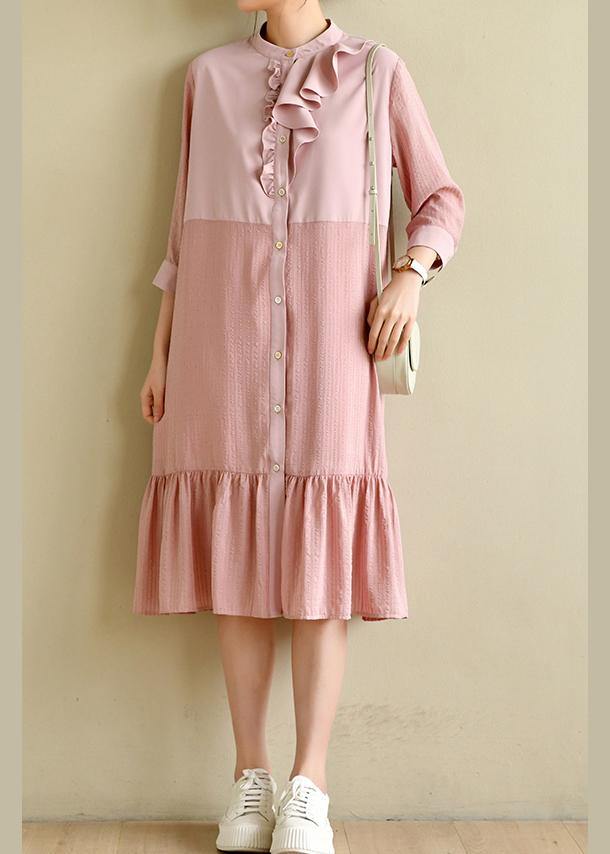 Simple Ruffles Maxi Patchwork Pink Dresses - SooLinen
