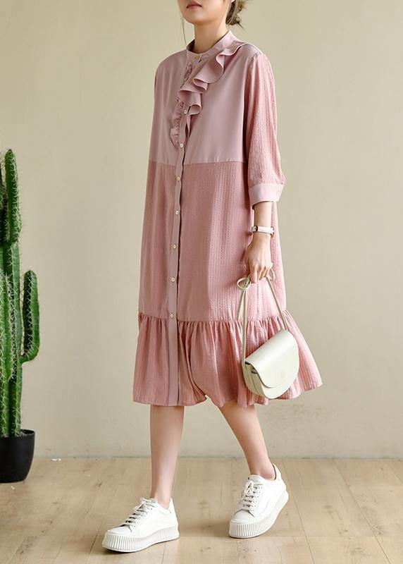 Simple Ruffles Maxi Patchwork Pink Dresses - SooLinen