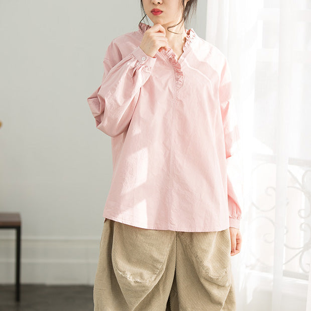 Simple Ruffles cotton top silhouette Omychic Sleeve light pink loose shirt