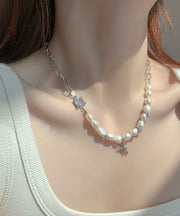 Simple Silk Stainless Steel Zircon Pearl Star Lariat Necklace
