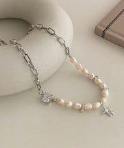 Simple Silk Stainless Steel Zircon Pearl Star Lariat Necklace